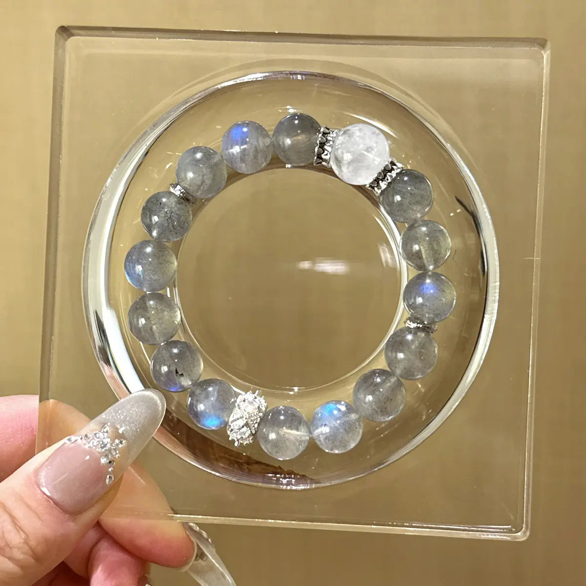 gray moonstone and white phantom quartz bracelet for intuition protection and emotional balance