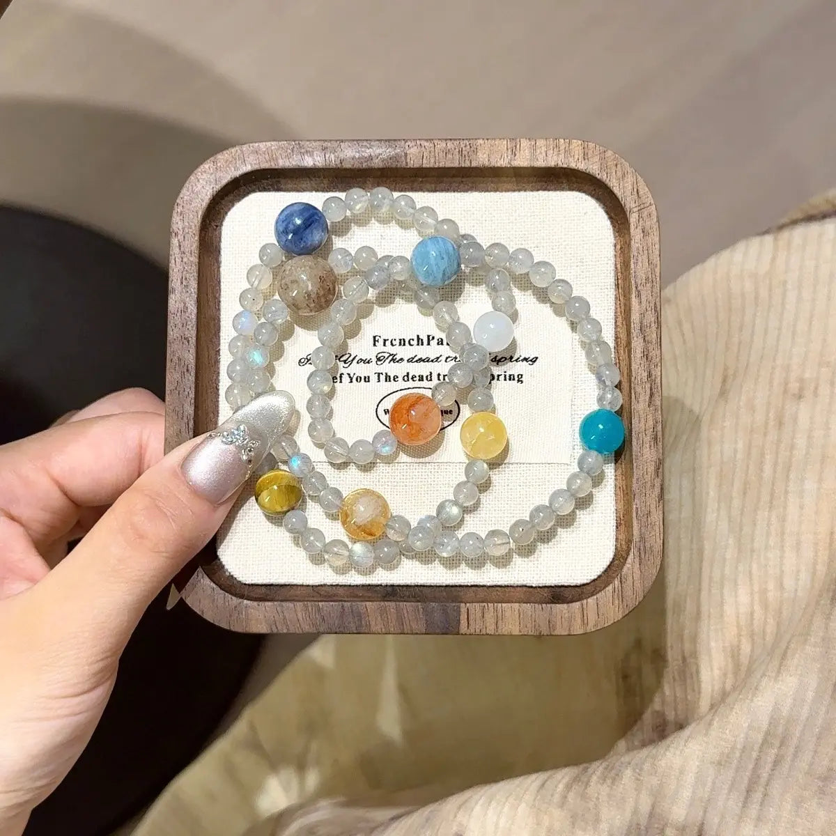 multi gemstone bracelet with gray moonstone citrine tiger eye kyanite for clarity career and balance