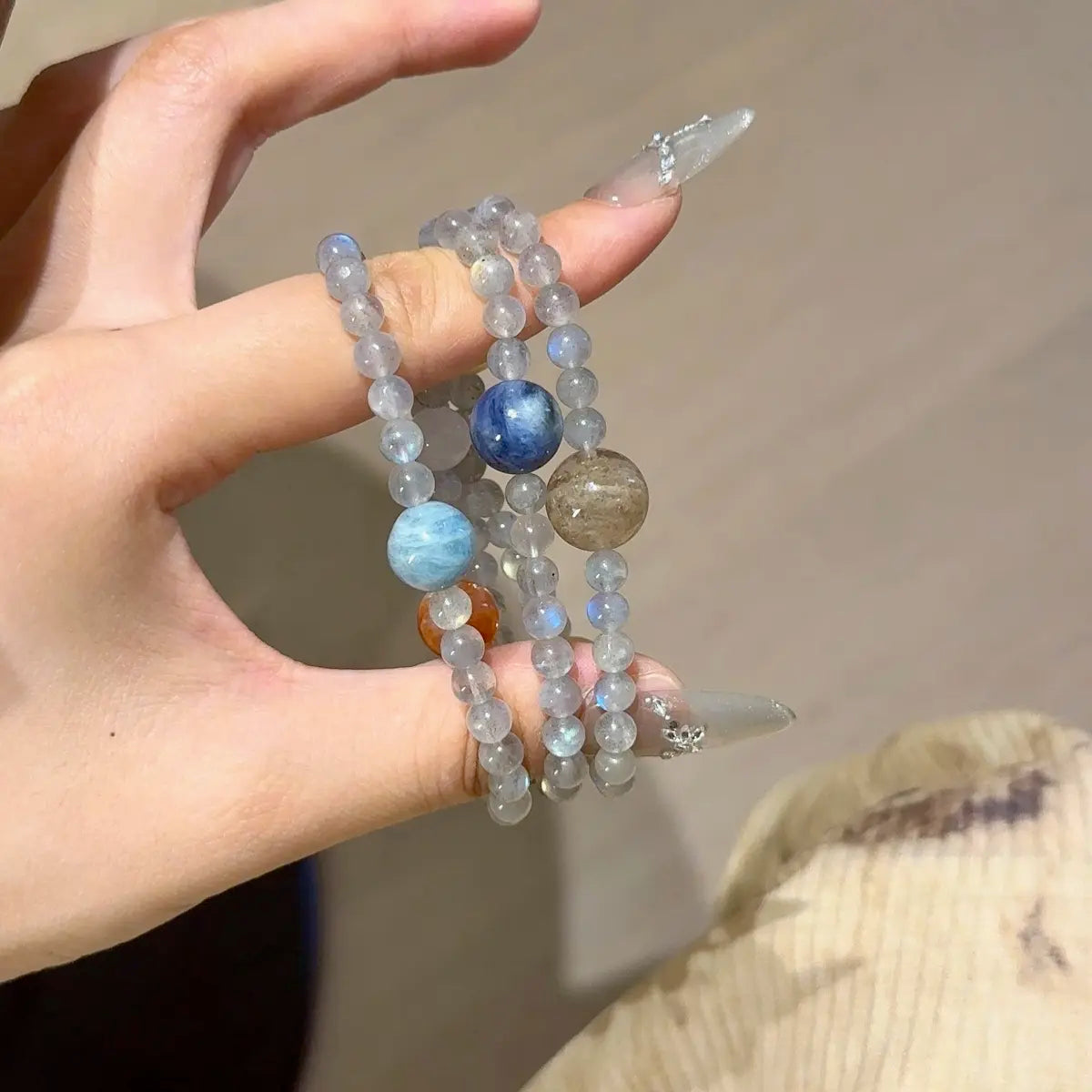 multi gemstone bracelet with gray moonstone citrine tiger eye kyanite for clarity career and balance