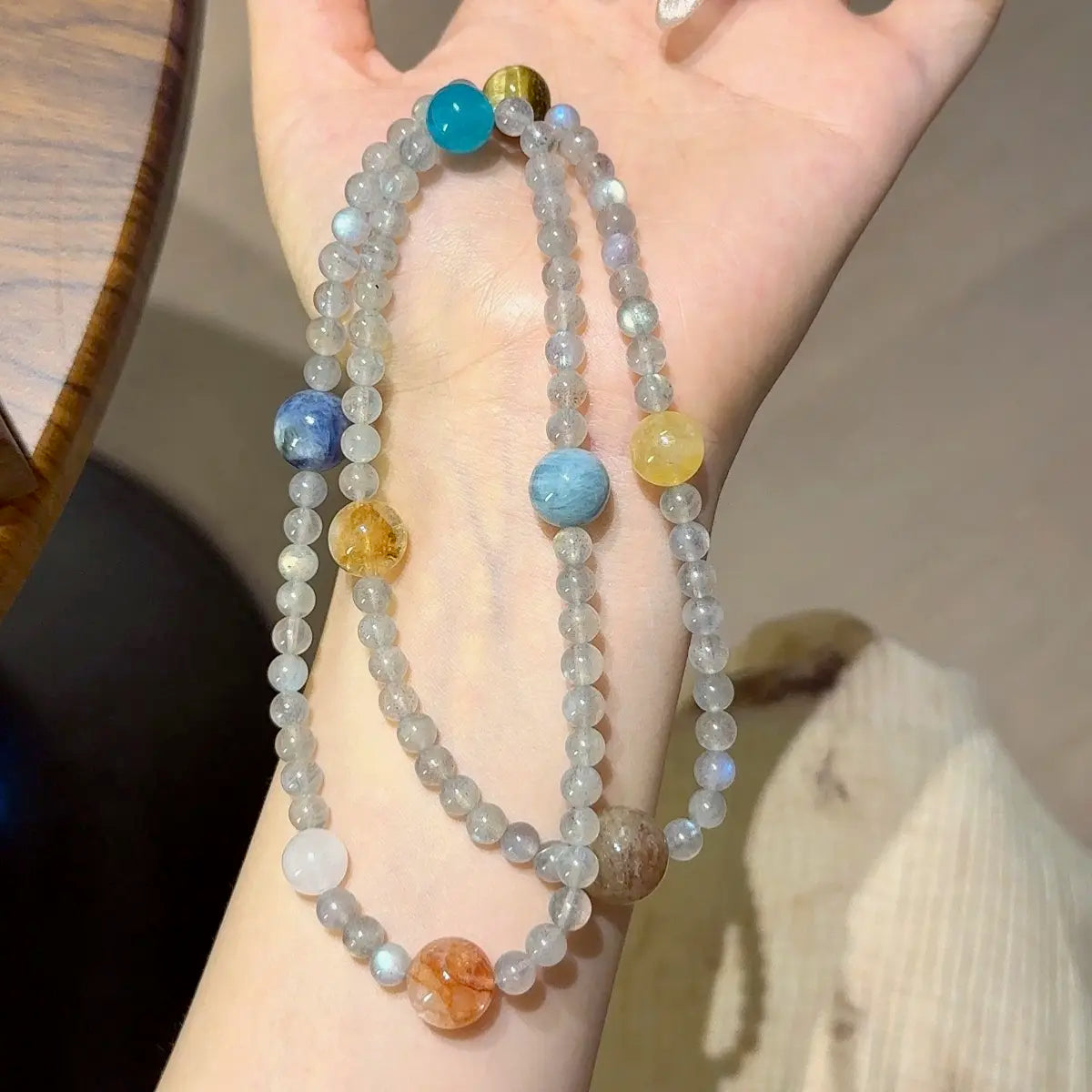 multi gemstone bracelet with gray moonstone citrine tiger eye kyanite for clarity career and balance