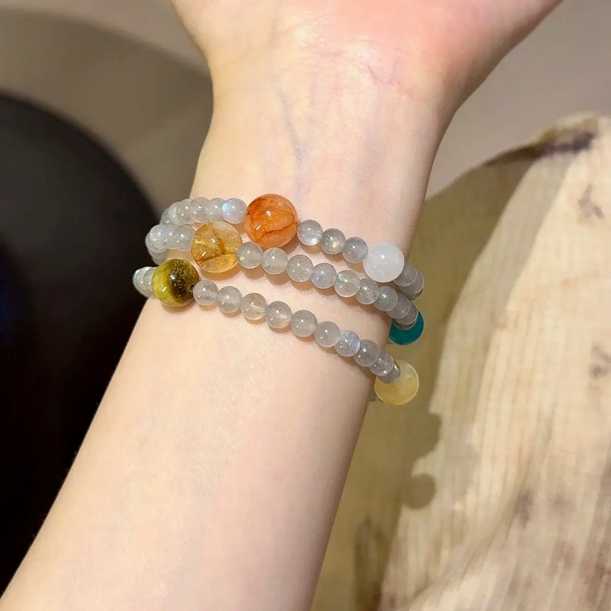 multi gemstone bracelet with gray moonstone citrine tiger eye kyanite for clarity career and balance