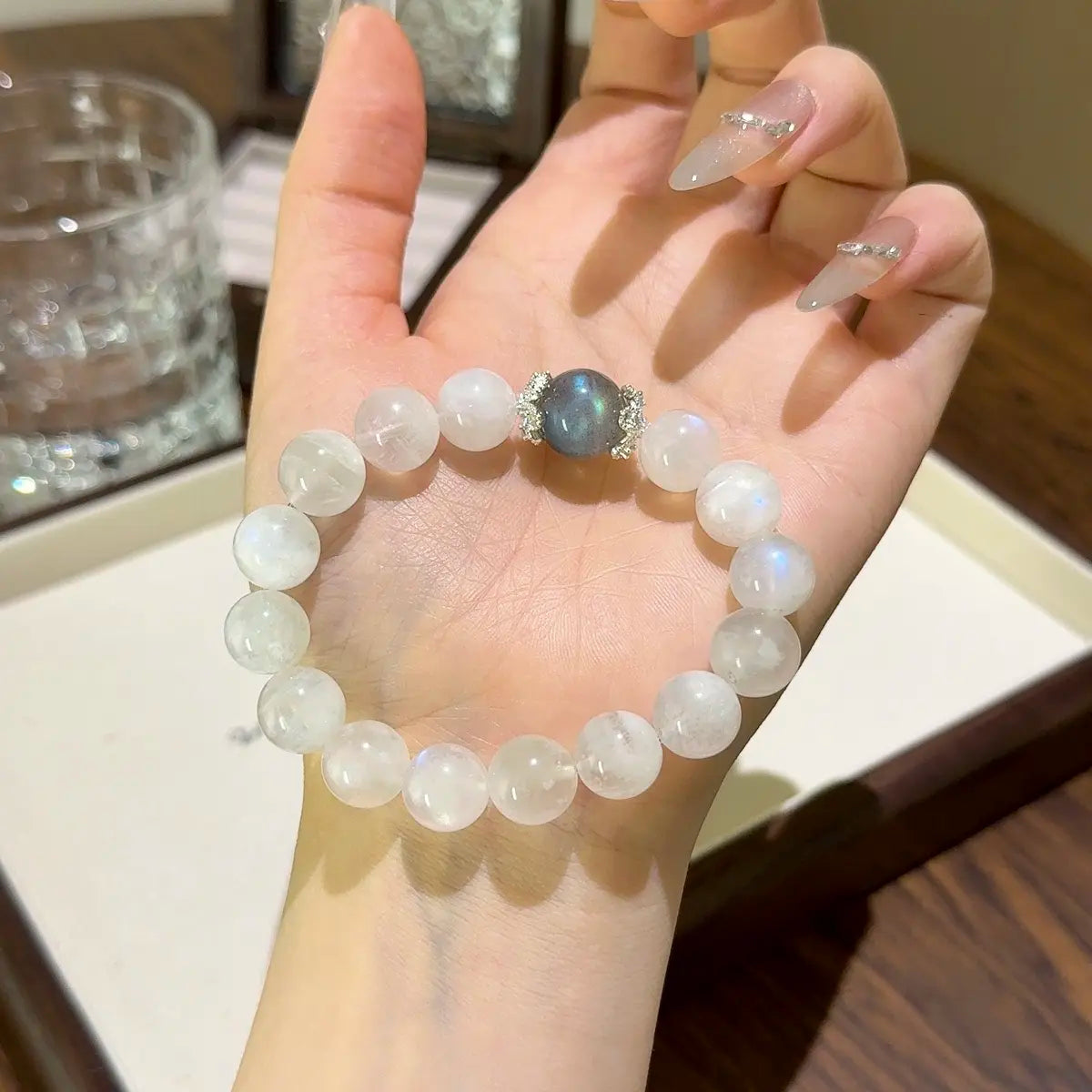 blue and gray moonstone bracelet for emotional balance sleep and clarity