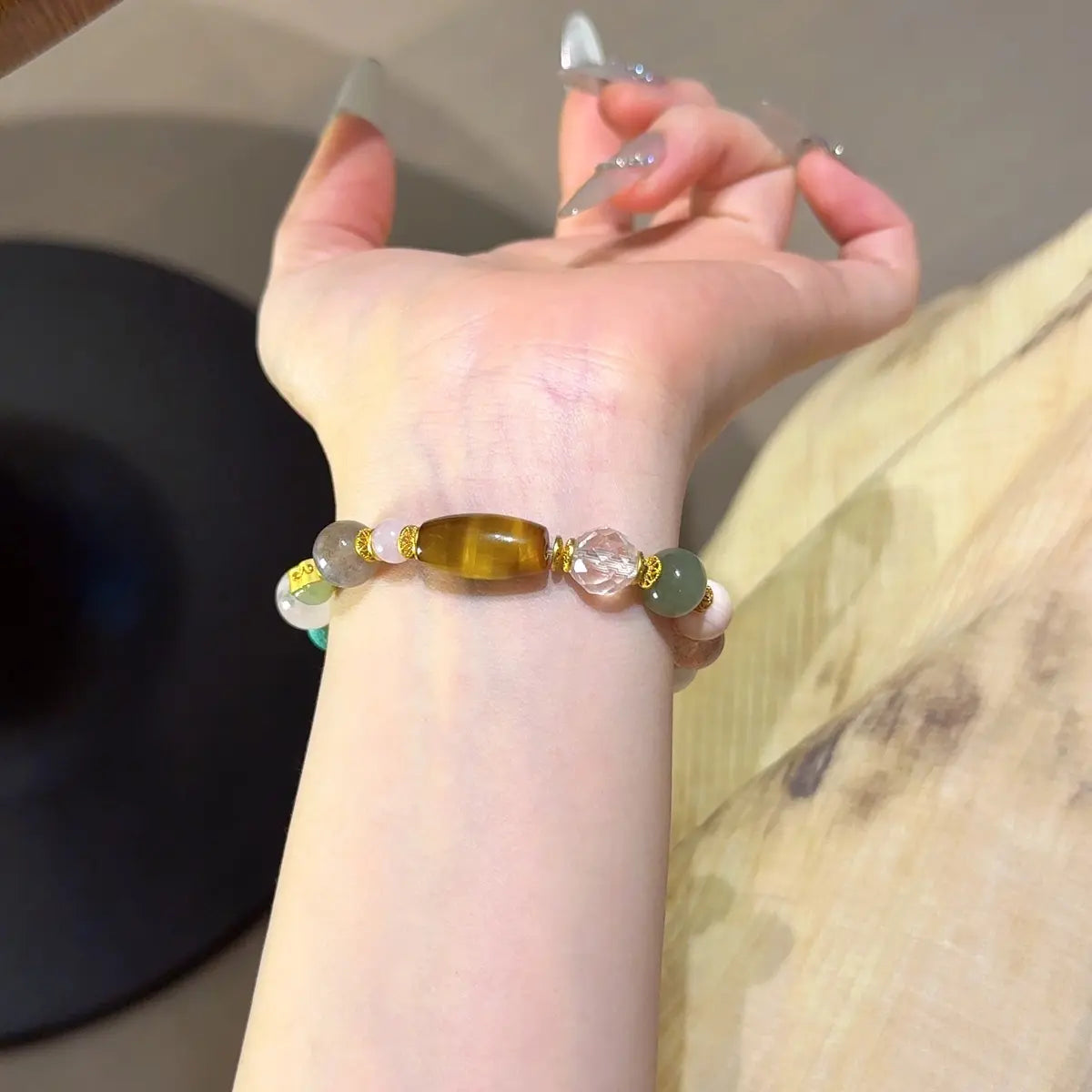 multi gemstones—including Hetian White Jade, Pink Yanyuan Agate, Prehnite, Golden Tiger’s Eye, Rutilated Quartz, Clear Quartz, Moonstone, and Lepidolite—for wealth luck clarity and energy balance