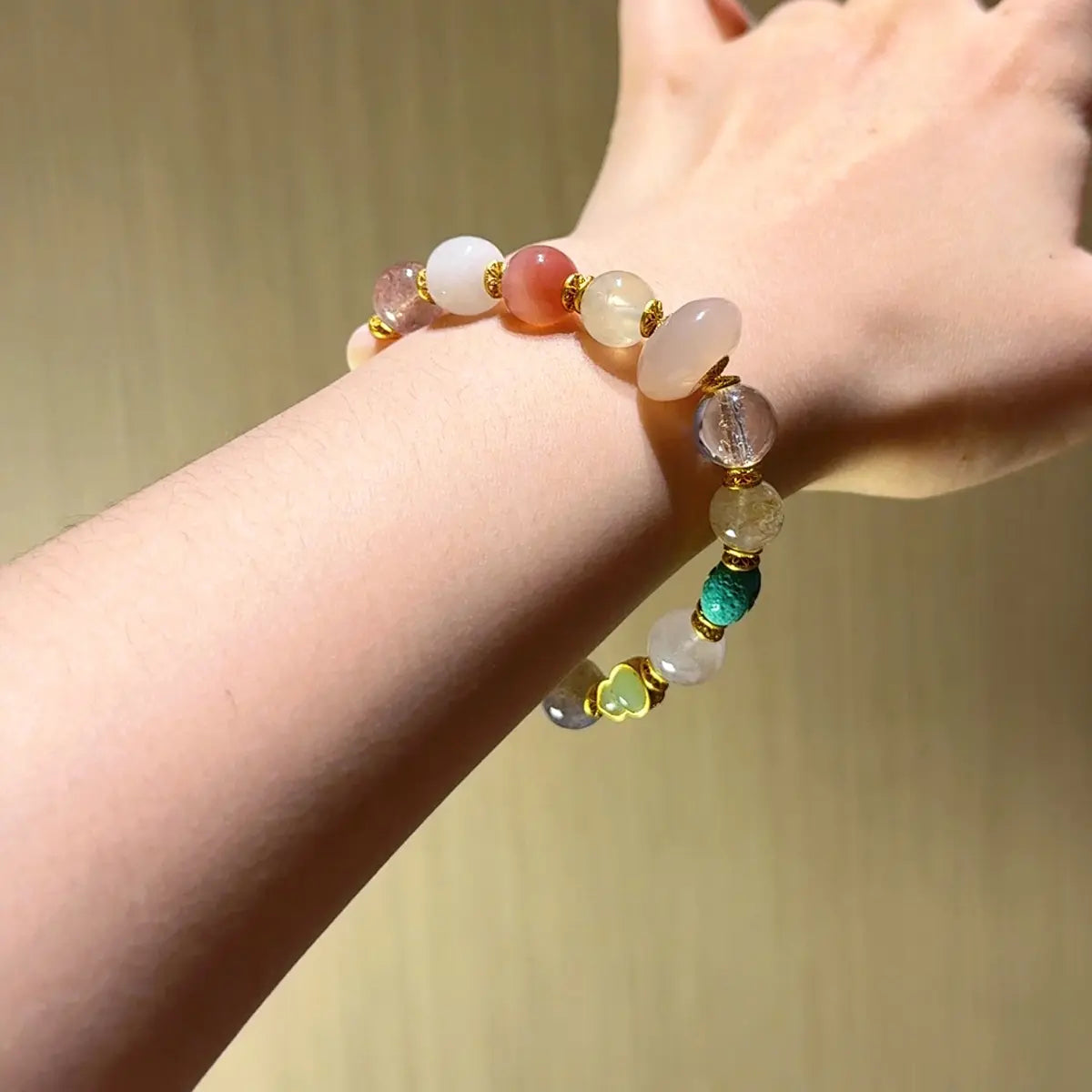 multi gemstones—including Hetian White Jade, Pink Yanyuan Agate, Prehnite, Golden Tiger’s Eye, Rutilated Quartz, Clear Quartz, Moonstone, and Lepidolite—for wealth luck clarity and energy balance