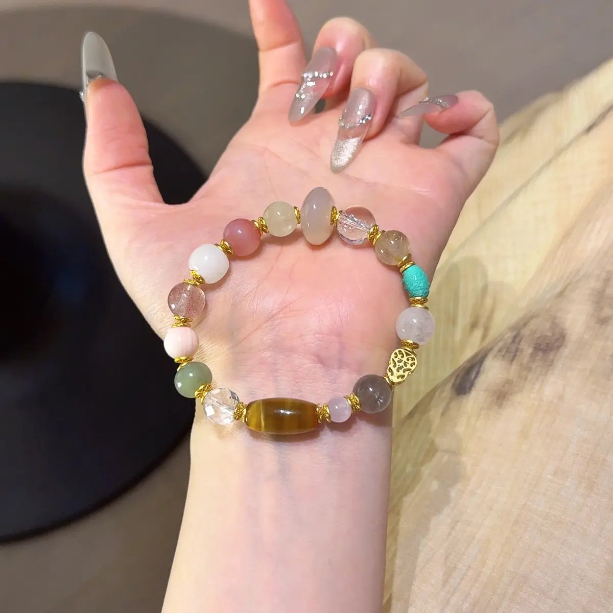 multi gemstones—including Hetian White Jade, Pink Yanyuan Agate, Prehnite, Golden Tiger’s Eye, Rutilated Quartz, Clear Quartz, Moonstone, and Lepidolite—for wealth luck clarity and energy balance