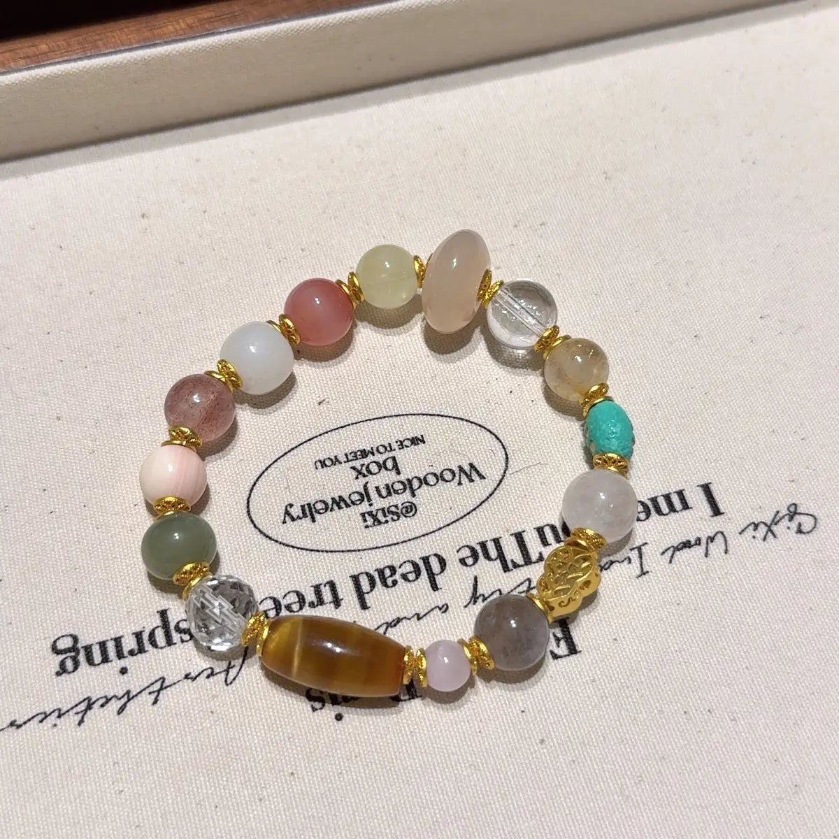 multi gemstones—including Hetian White Jade, Pink Yanyuan Agate, Prehnite, Golden Tiger’s Eye, Rutilated Quartz, Clear Quartz, Moonstone, and Lepidolite—for wealth luck clarity and energy balance