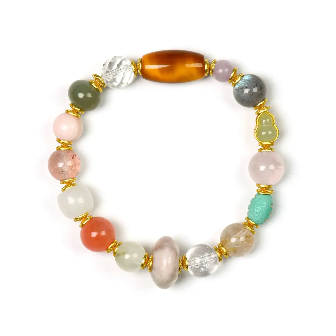 multi gemstones—including Hetian White Jade, Pink Yanyuan Agate, Prehnite, Golden Tiger’s Eye, Rutilated Quartz, Clear Quartz, Moonstone, and Lepidolite—for wealth luck clarity and energy balance