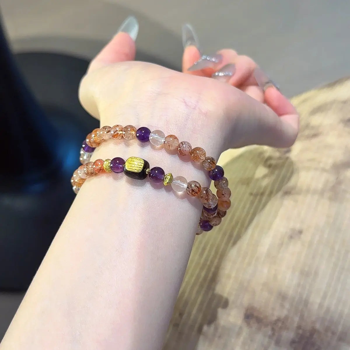multi layer amethyst and black gold quartz bracelet for focus and decision making