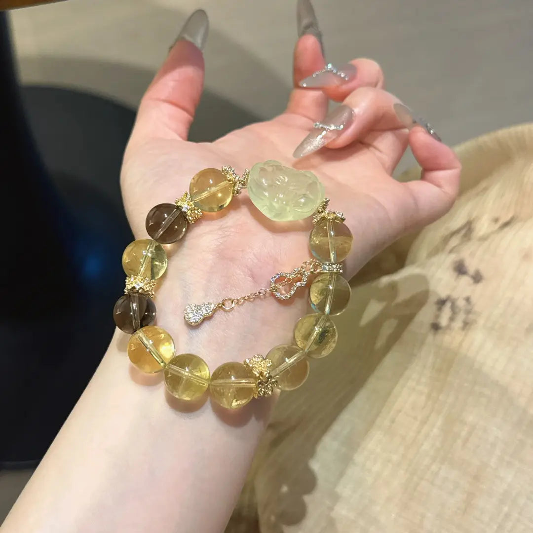 Citrine and smoky quartz fox crystal bracelet for clarity, grounding, and wealth energy
