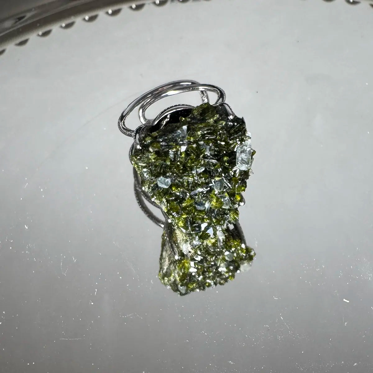 Raw Epidote Ring Open Ring, Adjustable Size, Raw, unaltered, and one of a kind.
