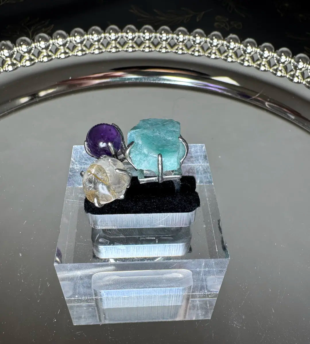 Amazonite, Golden Rutilated Quartz & Mini Amethyst Sphere One of a Kind Ring