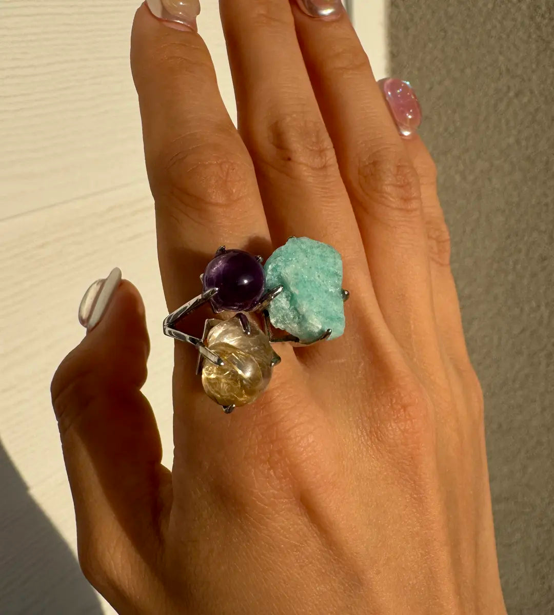 Amazonite, Golden Rutilated Quartz & Mini Amethyst Sphere One of a Kind Ring