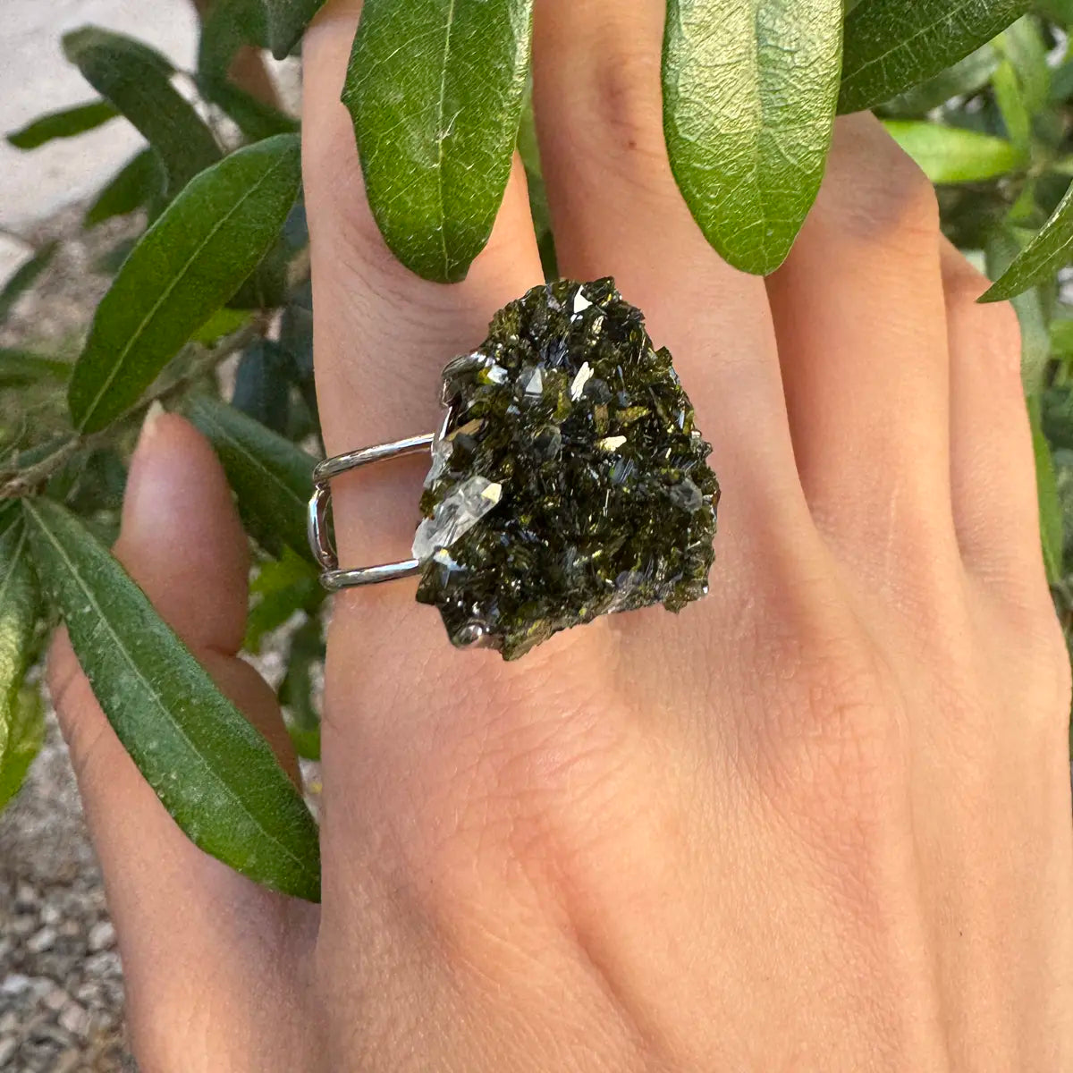 Raw Epidote Ring Open Ring, Adjustable Size, Raw, unaltered, and one of a kind.
