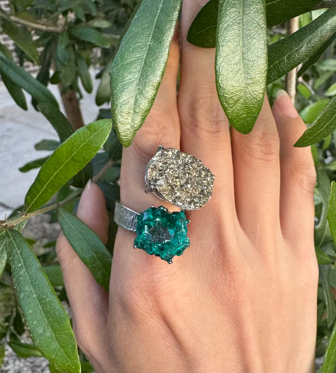 Dioptase & Pyrite One of a Kind Ring