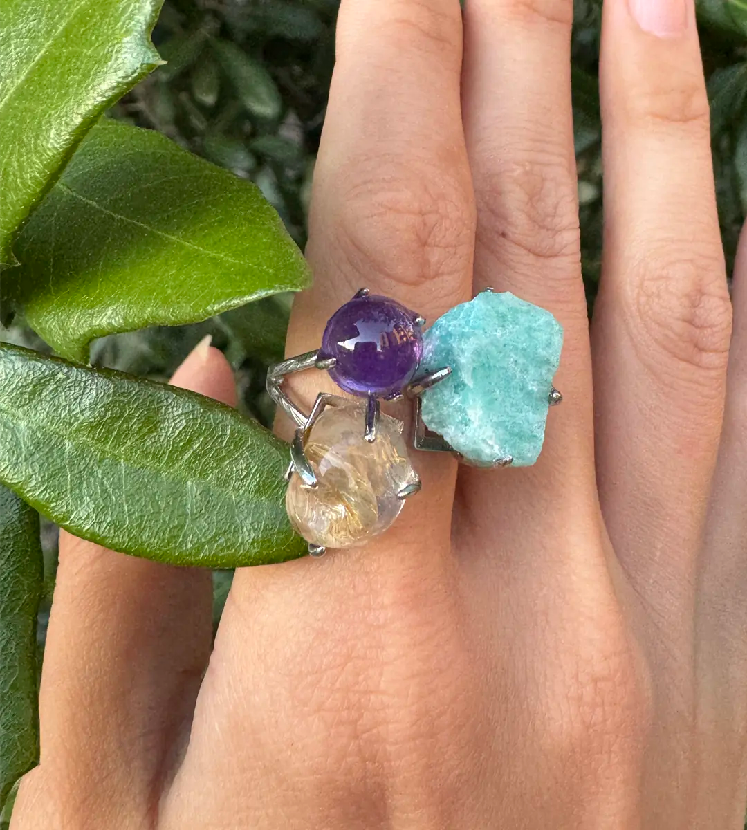 Amazonite, Golden Rutilated Quartz & Mini Amethyst Sphere One of a Kind Ring