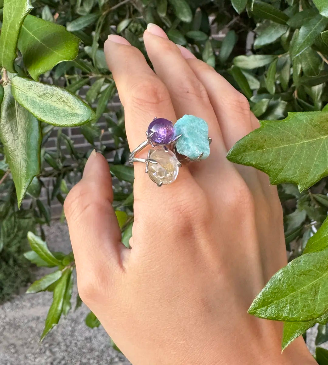 Amazonite, Golden Rutilated Quartz & Mini Amethyst Sphere One of a Kind Ring