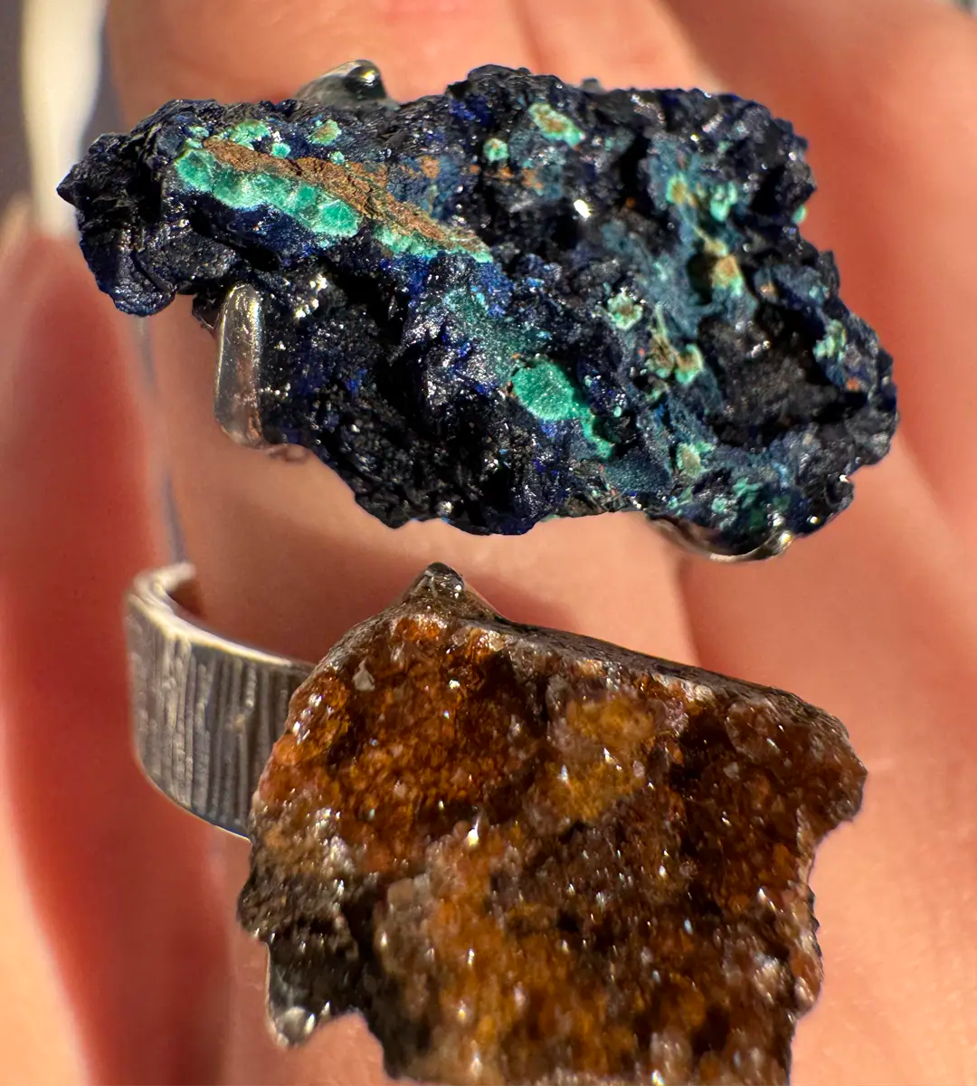 Raw Azurite–Malachite & Hematoid Quartz One of a Kind Ring