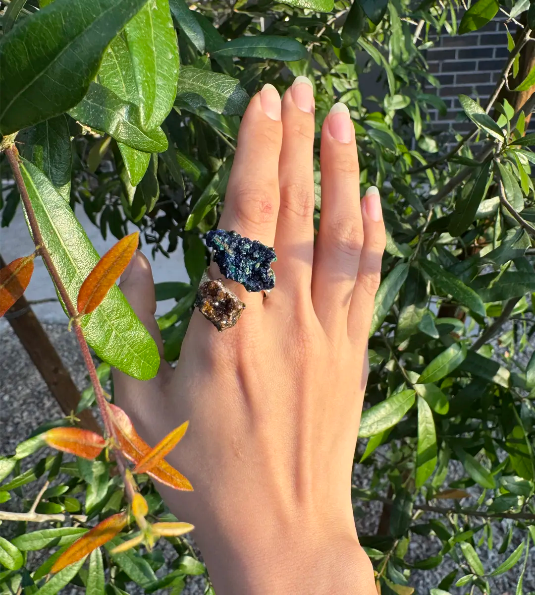 Raw Azurite–Malachite & Hematoid Quartz One of a Kind Ring