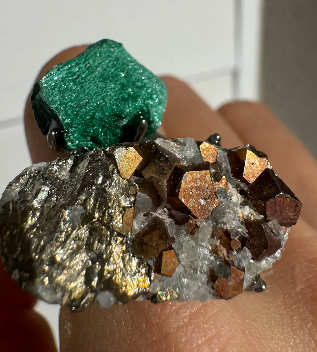 Malachite & Pyrite in Quartz One of a Kind Ring