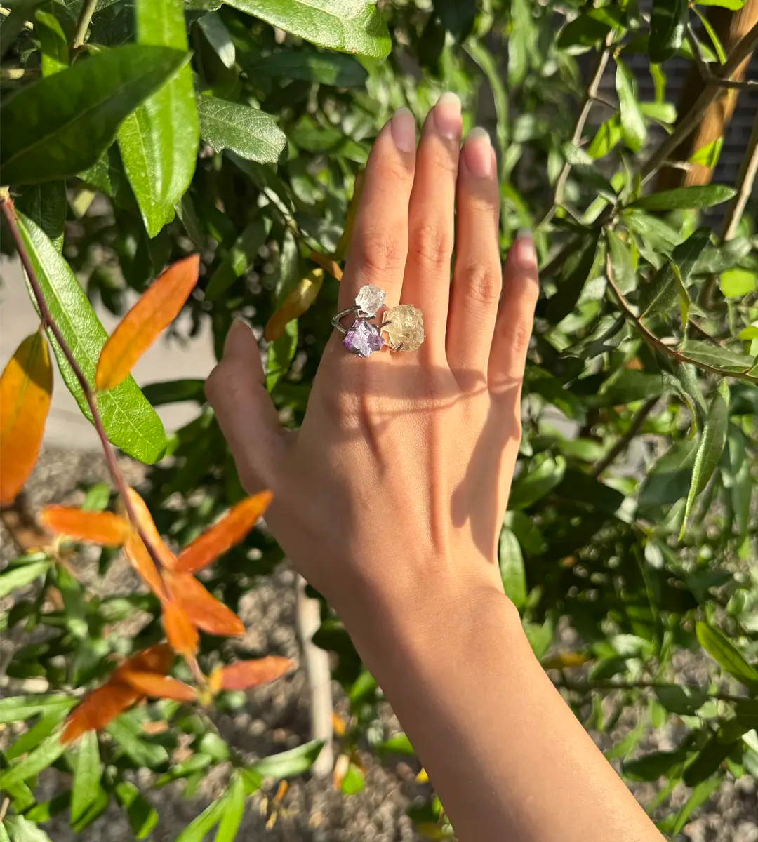 Clear Quartz, Citrine & Purple Matrix Fluorite One of a Kind Ring