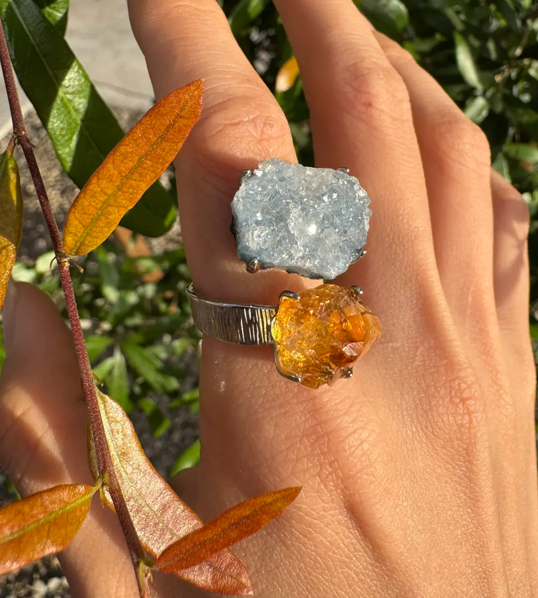Citrine & Celestite Cluster Raw Crystal Ring – One of a Kind