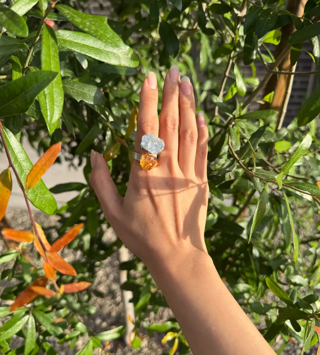 Citrine & Celestite Cluster Raw Crystal Ring – One of a Kind