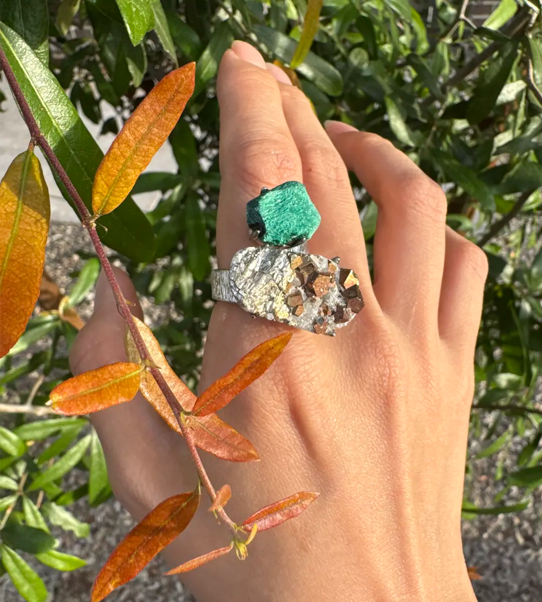 Malachite & Pyrite in Quartz One of a Kind Ring