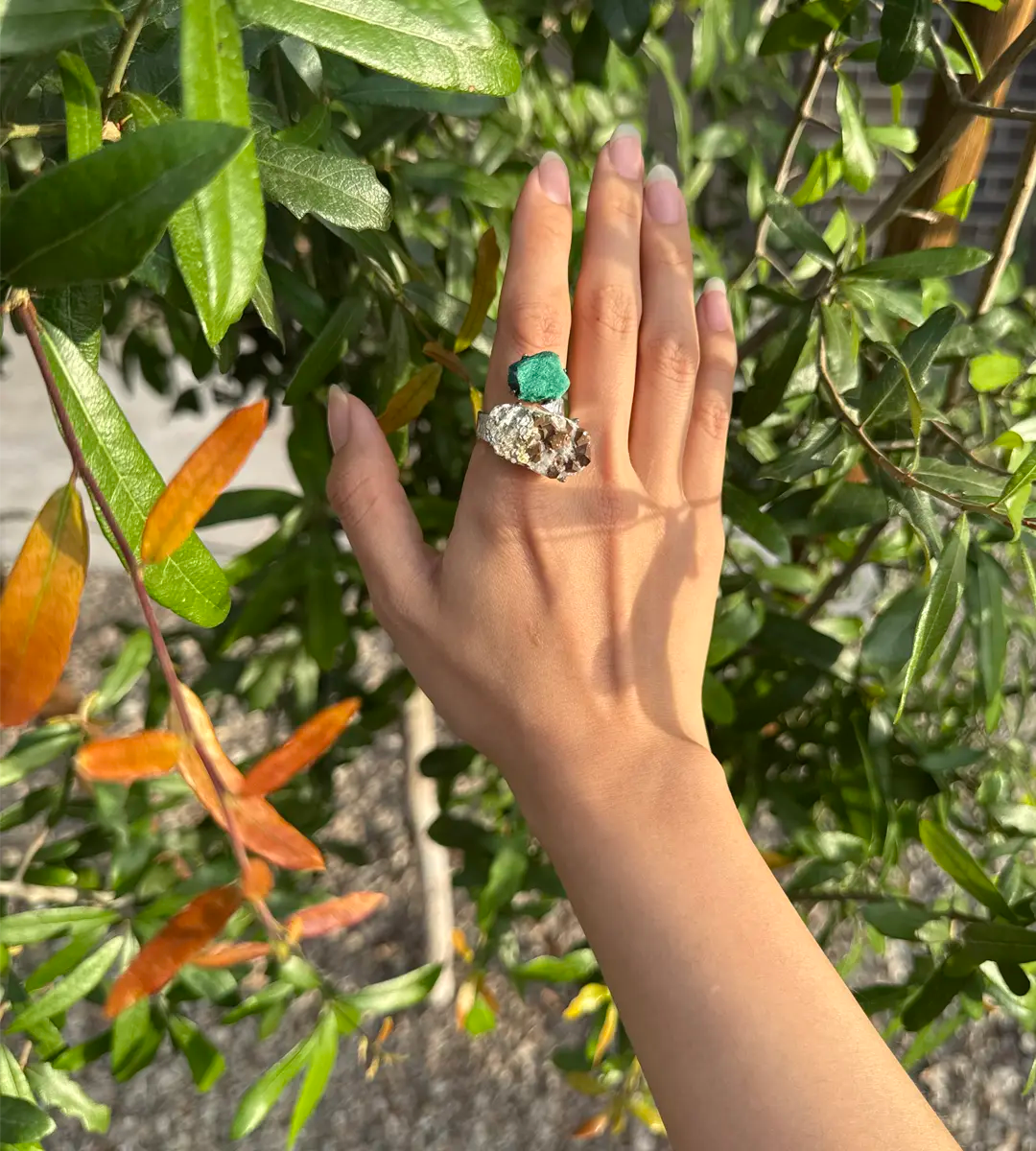 Malachite & Pyrite in Quartz One of a Kind Ring