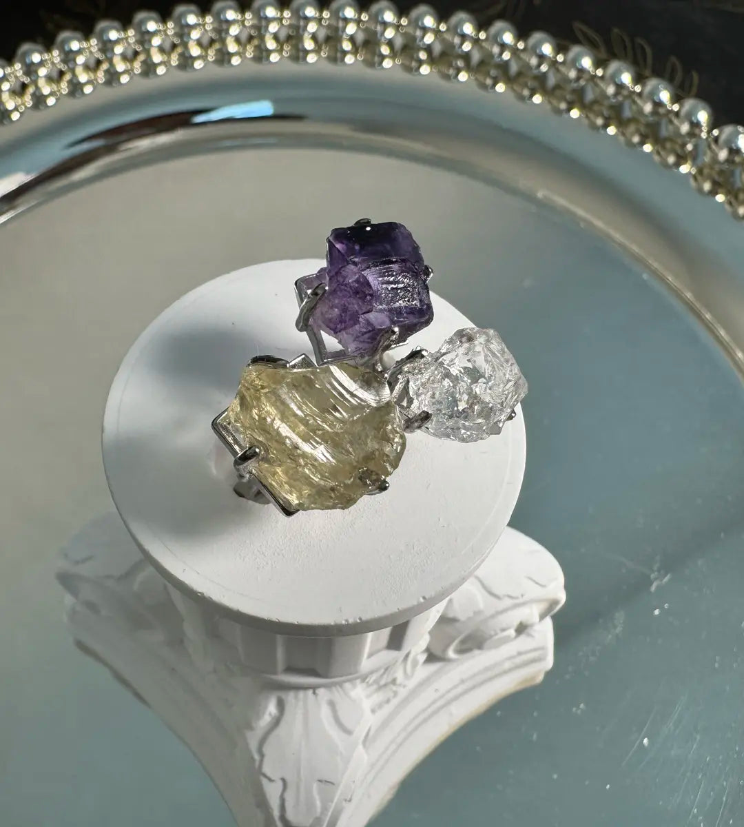 Clear Quartz, Citrine & Purple Matrix Fluorite One of a Kind Ring