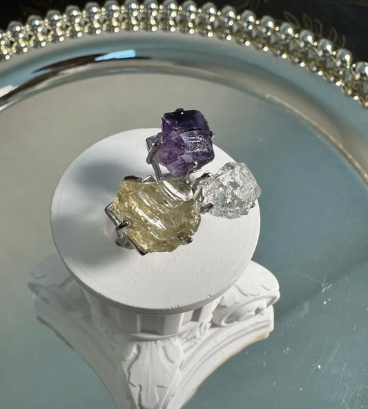 Clear Quartz, Citrine & Purple Matrix Fluorite One of a Kind Ring