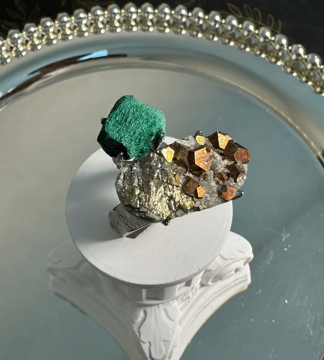 Malachite & Pyrite in Quartz One of a Kind Ring