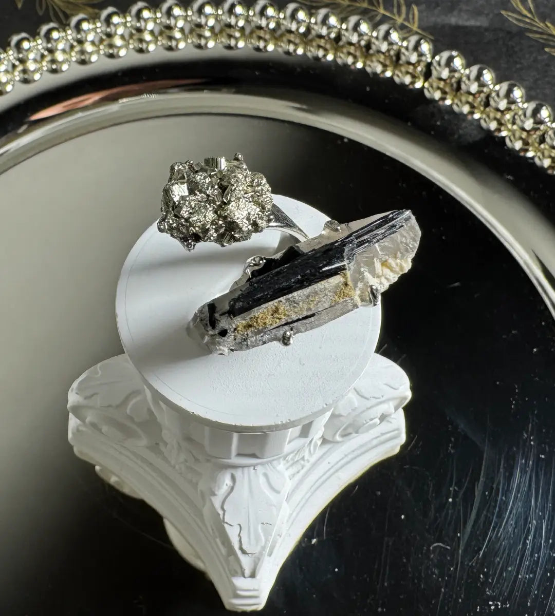 Raw Pyrite & Tourmaline in Quartz One of a Kind Ring