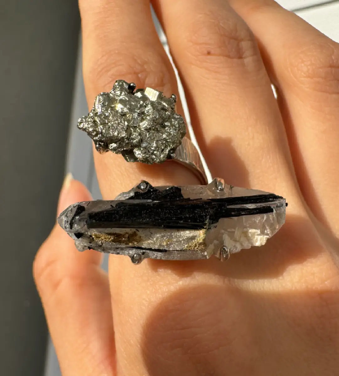 Raw Pyrite & Tourmaline in Quartz One of a Kind Ring