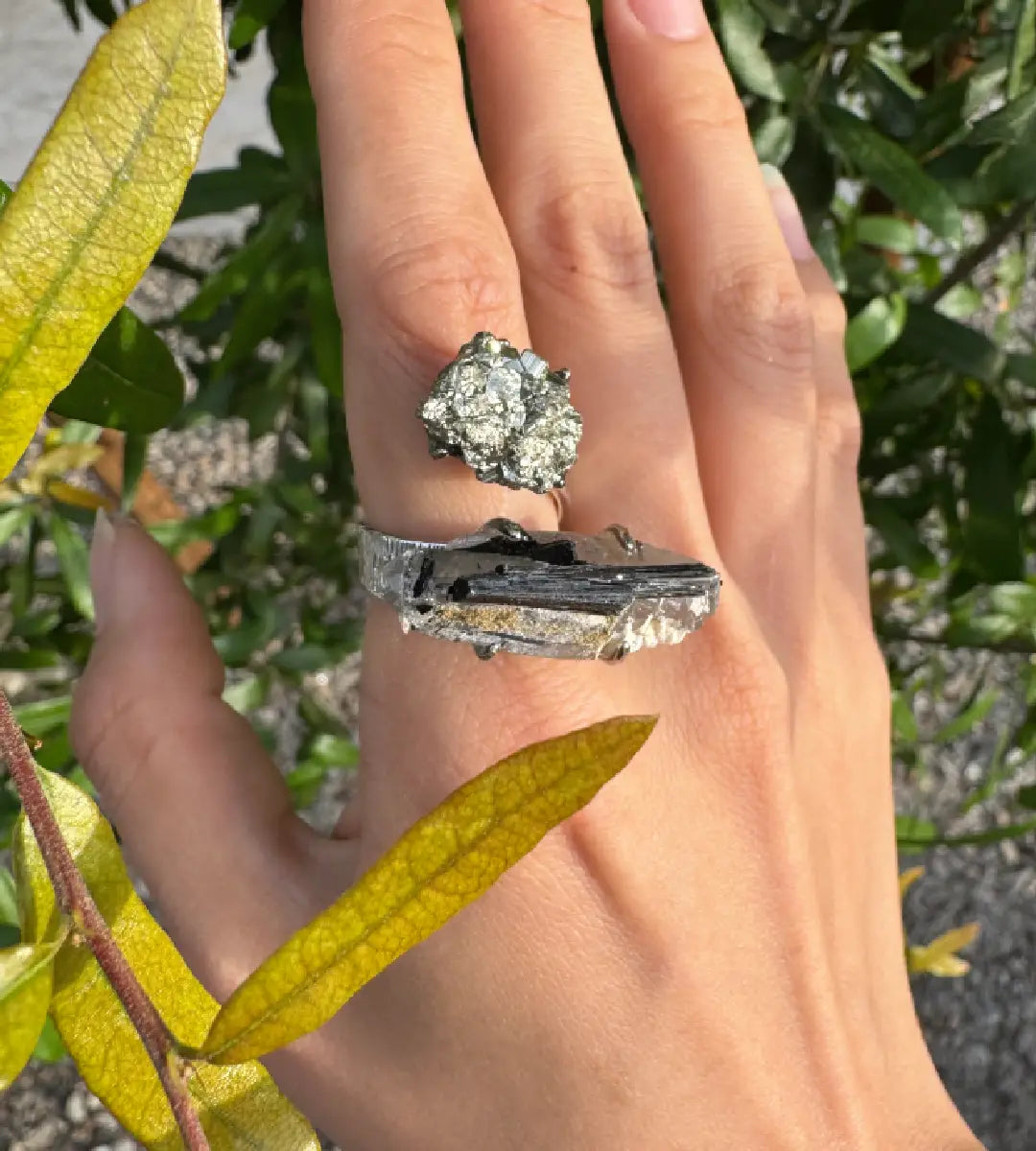 Raw Pyrite & Tourmaline in Quartz One of a Kind Ring
