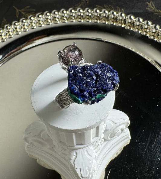 Red & Green Phantom Quartz & Azurite with Malachite One of a Kind Ring