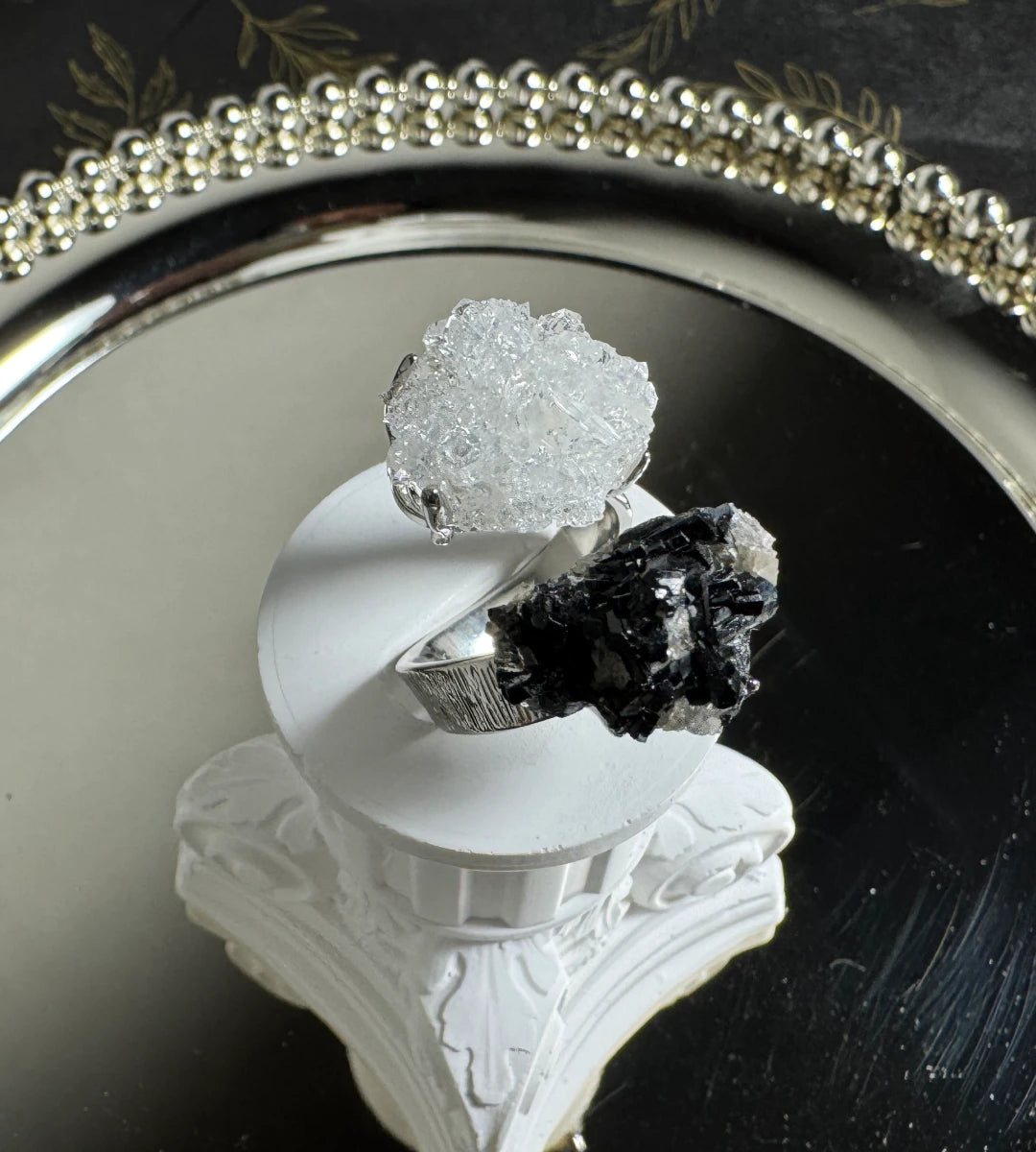 Clear Quartz Cluster & Black Tourmaline with Quartz One of a Kind Ring