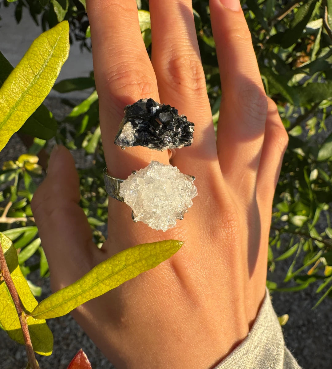 Clear Quartz Cluster & Black Tourmaline with Quartz One of a Kind Ring