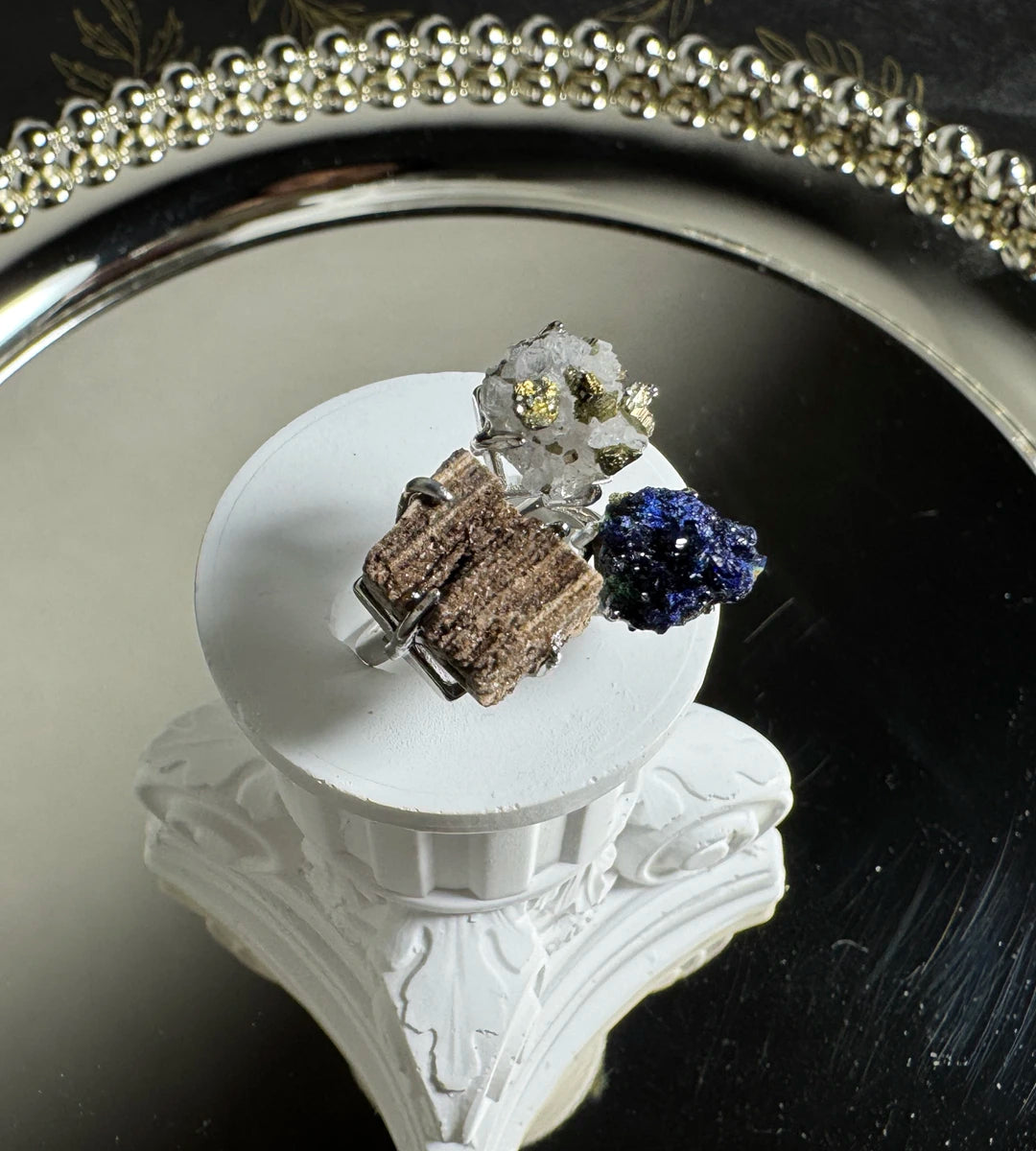 Petrified Wood, Azurite & Quartz with Chalcopyrite One of a Kind Ring