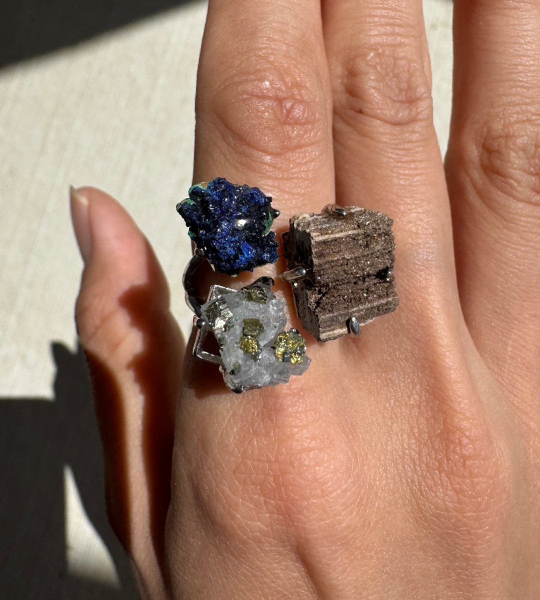 Petrified Wood, Azurite & Quartz with Chalcopyrite One of a Kind Ring