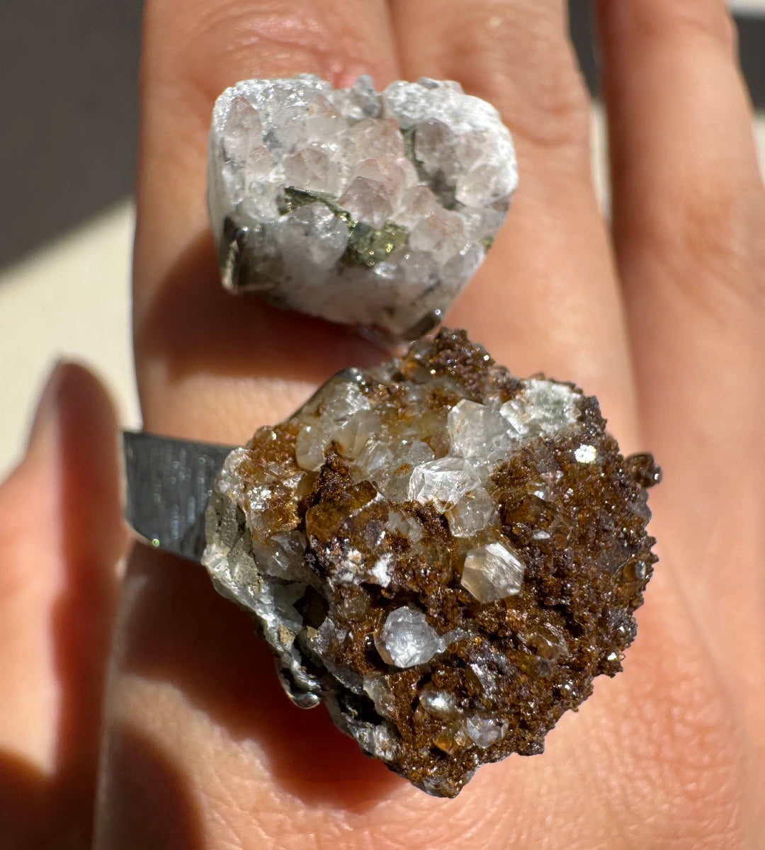 Red Quartz with Chalcopyrite & Limonite, Pyrite with Quartz One of a Kind Ring