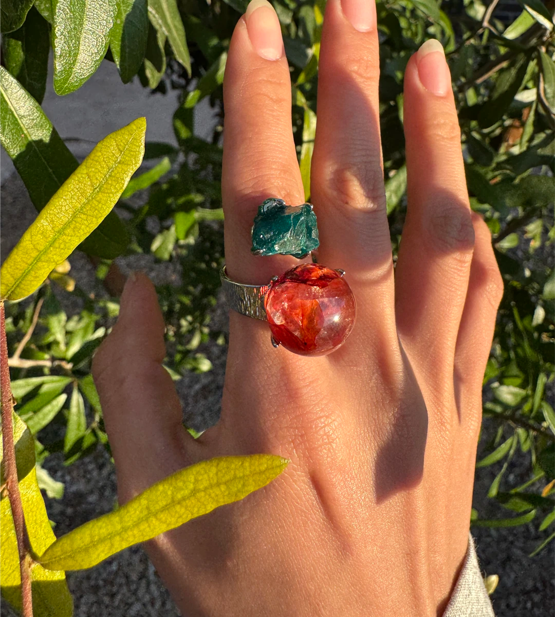 Dioptase & Red Hematoid Quartz One of a Kind Ring