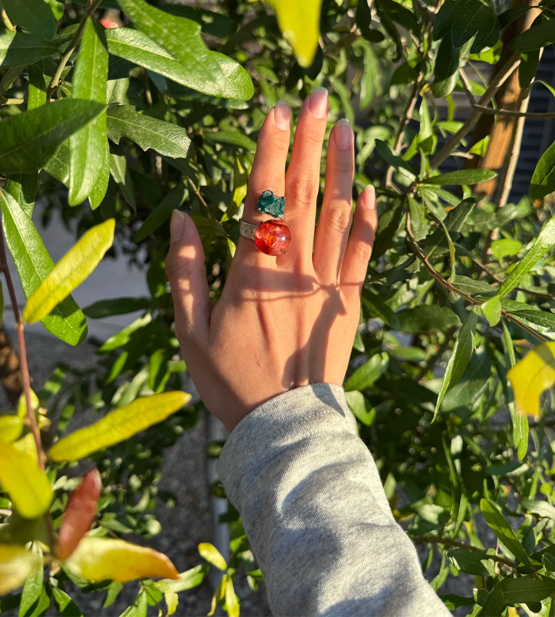 Dioptase & Red Hematoid Quartz One of a Kind Ring