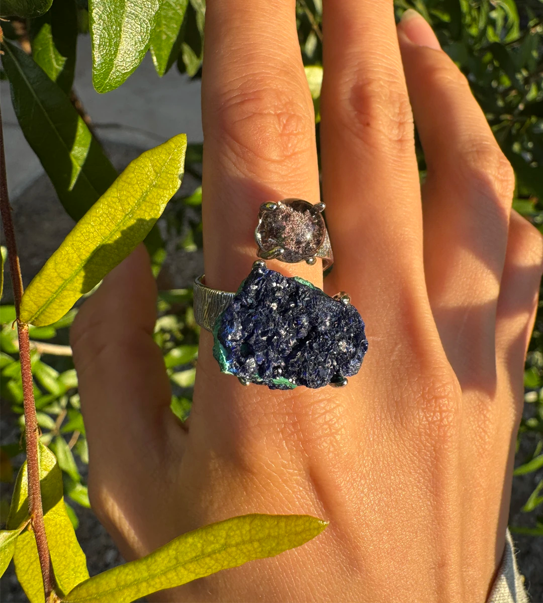 Red & Green Phantom Quartz & Azurite with Malachite One of a Kind Ring