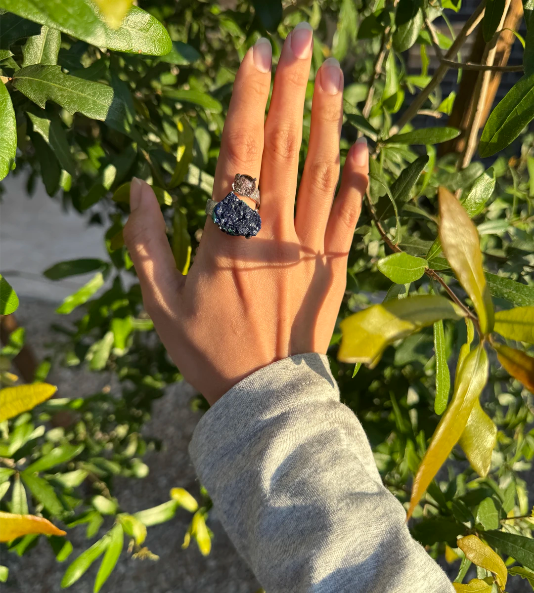 Red & Green Phantom Quartz & Azurite with Malachite One of a Kind Ring