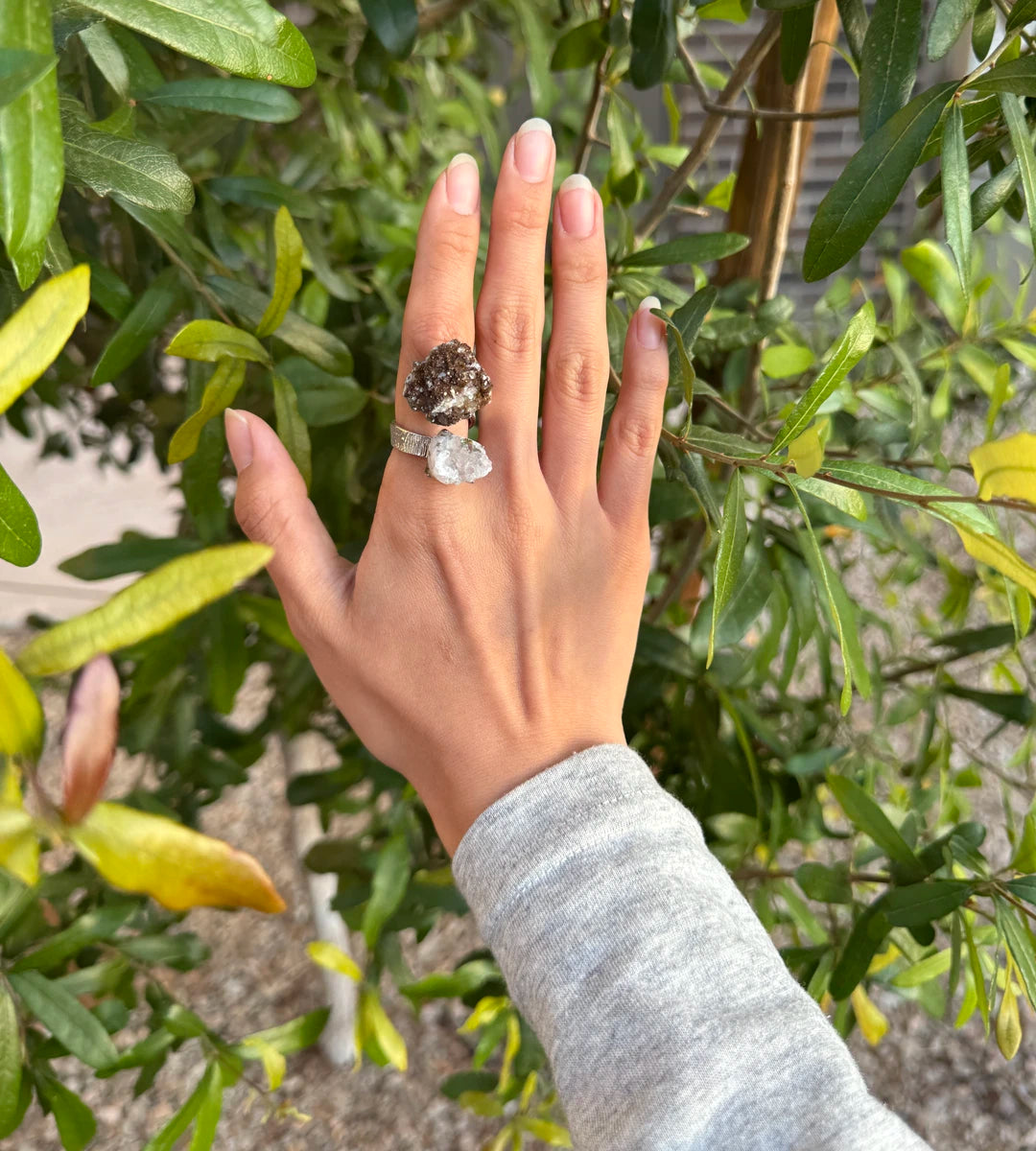 Red Quartz with Chalcopyrite & Limonite, Pyrite with Quartz One of a Kind Ring
