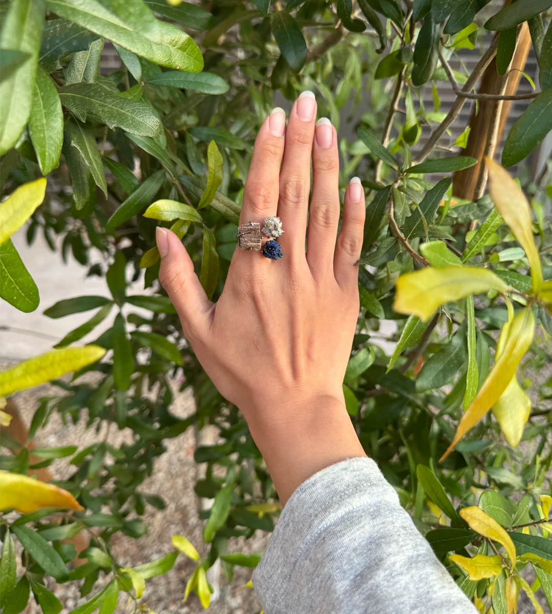 Petrified Wood, Azurite & Quartz with Chalcopyrite One of a Kind Ring