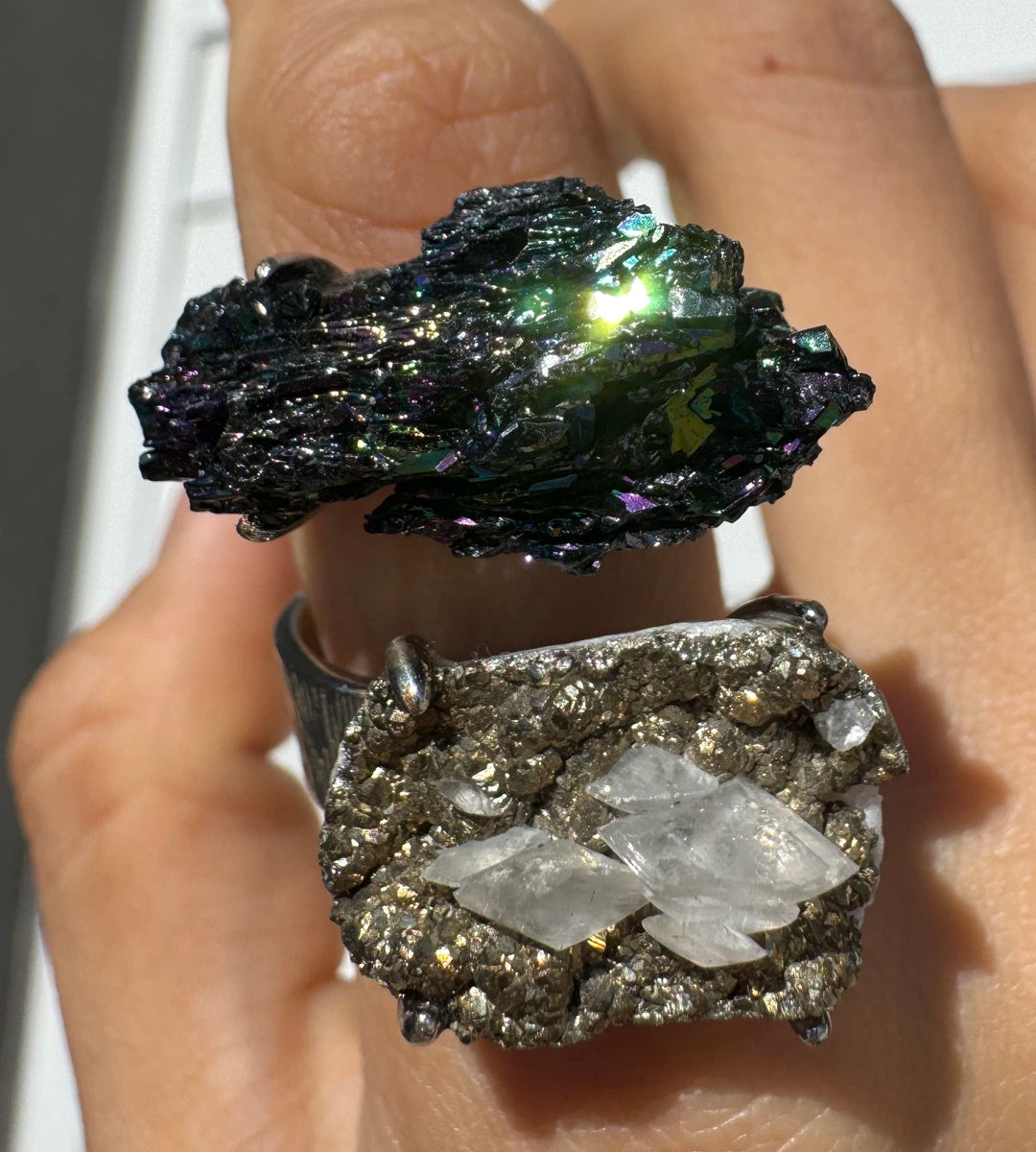 Raw Rainbow Hematite & Pyrite with Calcite One of a Kind Ring