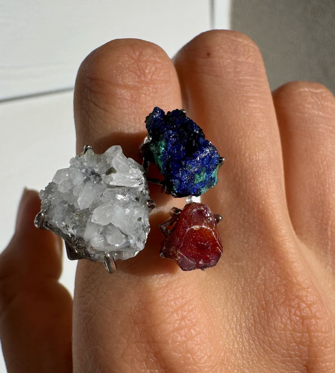 Azurite, Vanadinite & Quartz with Chalcopyrite One of a Kind Ring