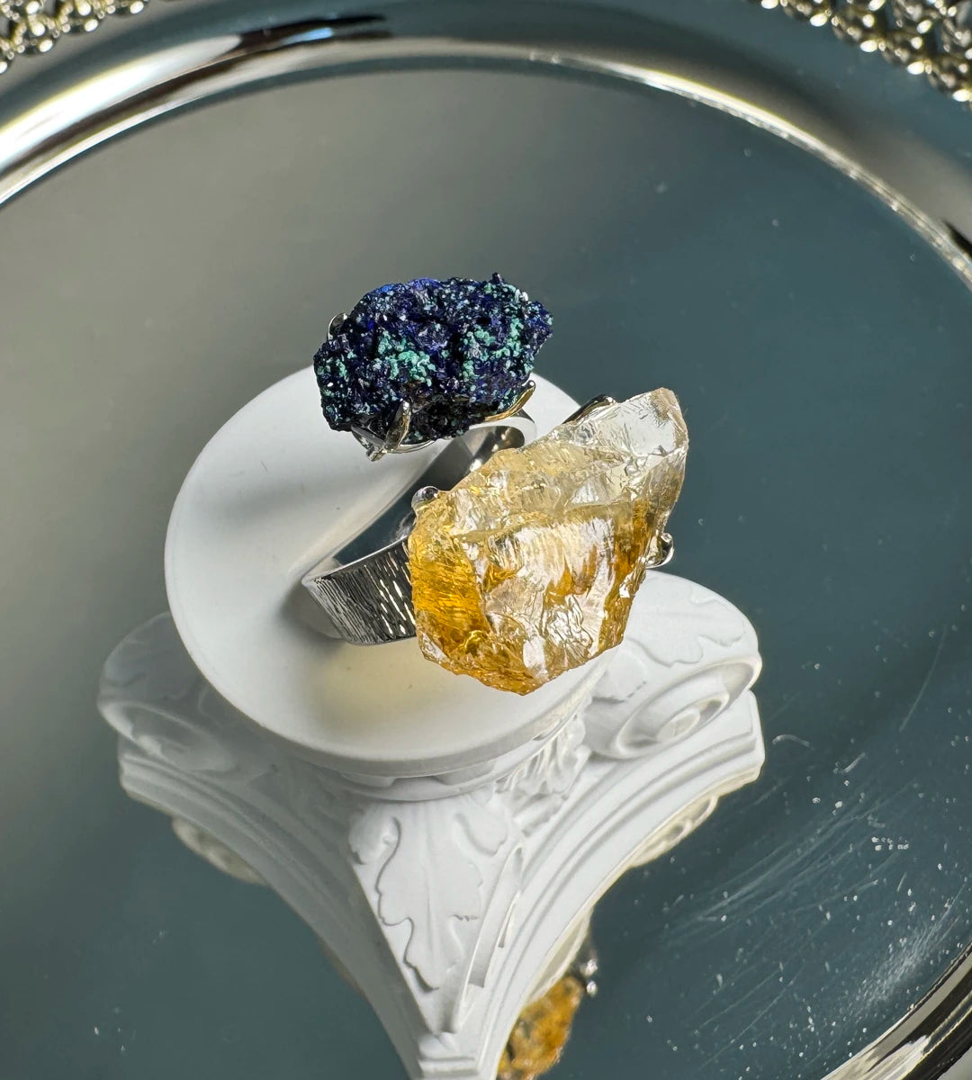 Azurite with Malachite & Citrine One of a Kind Ring