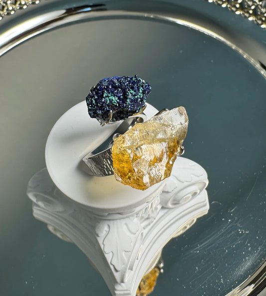 Azurite with Malachite & Citrine One of a Kind Ring